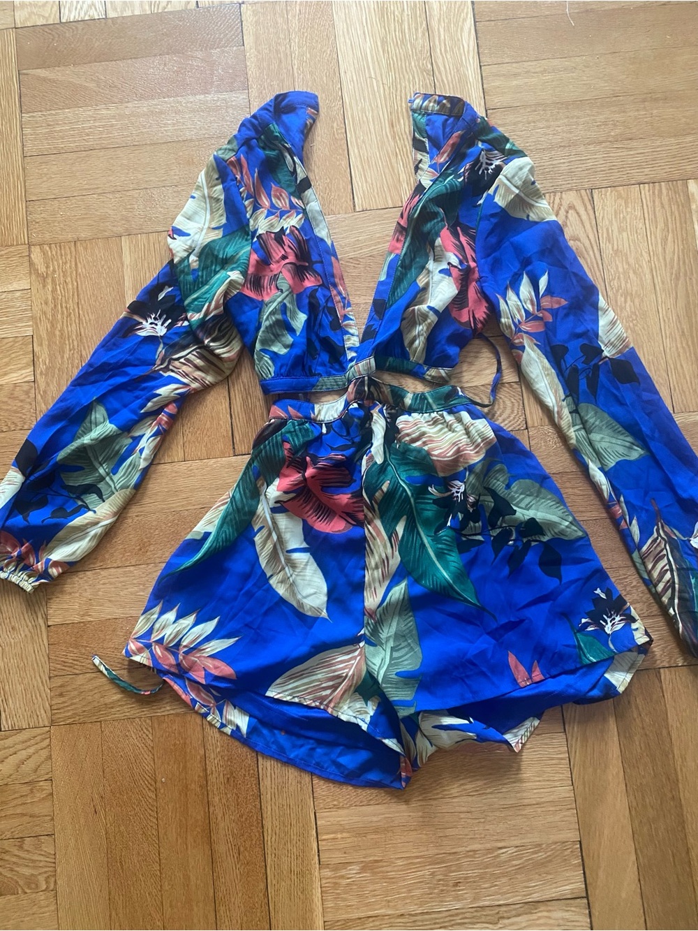 Tropical Blue Floral Long-Sleeve Cutout Bodysuit